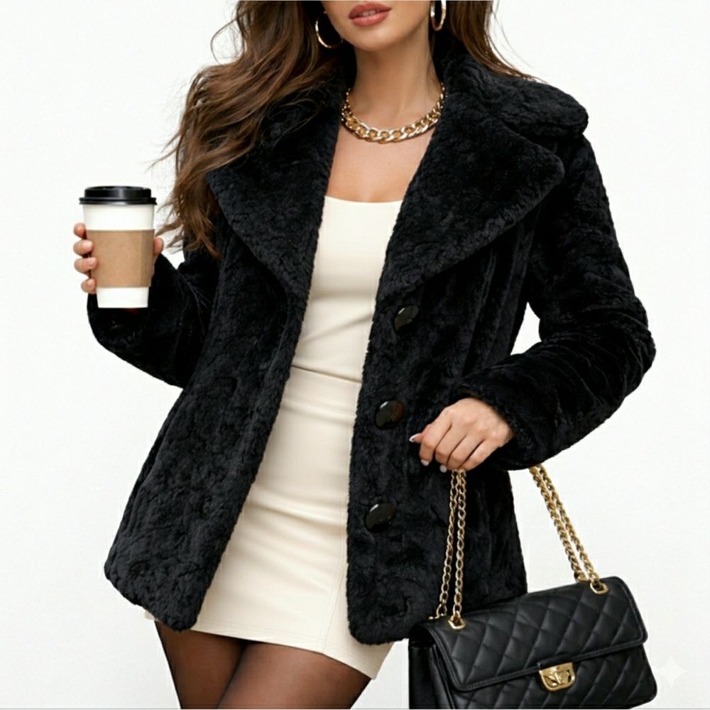 BRAETAN Faux Fur Winter Jacket Mob Wife Short Coat Pockets Jet Black Size M